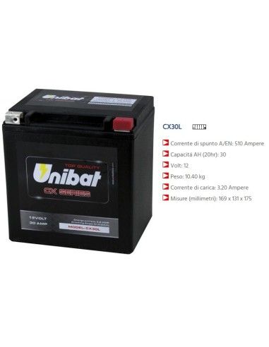 Bateria Unibat AGM CX30L 30 AH 510 CCA Mede 169 x 131 x 175 mm Garantia 6 meses Unibat - CX30L