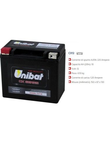 Bateria Unibat AGM CX12 10 AH 225 CCA Wymiary 150x87x130 mm Gwarancja 6 miesięcy - CX12